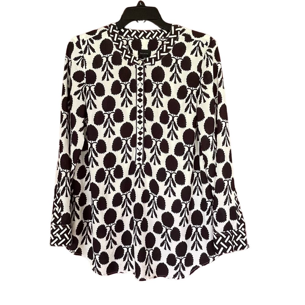 Talbots Top Sleek Band Collar Popover Bicolor Border Lightweight Airy Size M